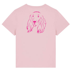 Magenta outline illustration of the head of an Irish Red Setter on the back of a cotton pink ladies t-shirt
