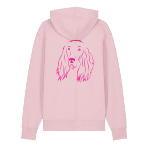 Magenta outline illustration of the head of an Irish Red Setter on the back of a cotton pink unisex Hoodie
