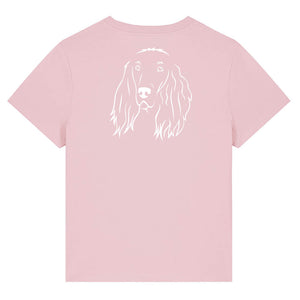 White outline illustration of the head of an Irish Red Setter on the back of a cotton pink ladies t-shirt