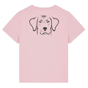 Black outline illustration of the head of a Rhodesian Ridgeback on the back of a cotton pink ladies t-shirt