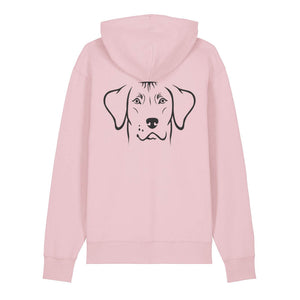 Black outline illustration of the head of a Rhodesian Ridgeback on the back of a cotton pink unisex Hoodie
