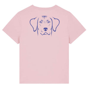 Blue outline illustration of the head of a Rhodesian Ridgeback on the back of a cotton pink ladies t-shirt