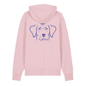 Blue outline illustration of the head of a Rhodesian Ridgeback on the back of a cotton pink unisex Hoodie