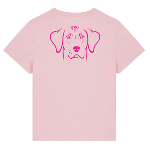 Magenta outline illustration of the head of a Rhodesian Ridgeback on the back of a cotton pink ladies t-shirt