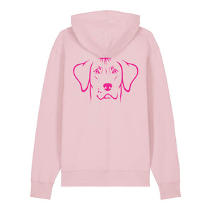 Magenta outline illustration of the head of a Rhodesian Ridgeback on the back of a cotton pink unisex Hoodie