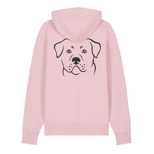 Black outline illustration of the head of a Rottweiler on the back of a cotton pink unisex Hoodie