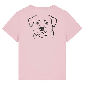 Black outline illustration of the head of a Rottweiler on the back of a cotton pink ladies t-shirt