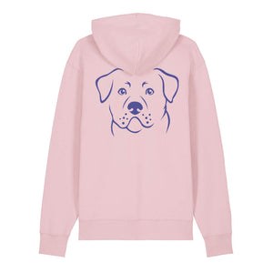 Blue outline illustration of the head of a Rottweiler on the back of a cotton pink unisex Hoodie