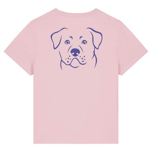 Blue outline illustration of the head of a Rottweiler on the back of a cotton pink ladies t-shirt