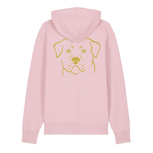 Gold outline illustration of the head of a Rottweiler on the back of a cotton pink unisex Hoodie