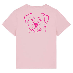 Magenta outline illustration of the head of a Rottweiler on the back of a cotton pink ladies t-shirt