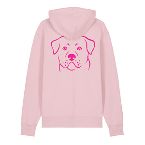 Magenta outline illustration of the head of a Rottweiler on the back of a cotton pink unisex Hoodie