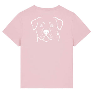 White outline illustration of the head of a Rottweiler on the back of a cotton pink ladies t-shirt