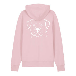 White outline illustration of the head of a Rottweiler on the back of a cotton pink unisex Hoodie