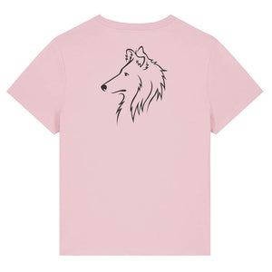 Black outline illustration of the head of a Rough Collie on the back of a cotton pink ladies t-shirt