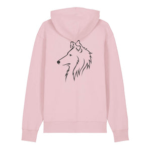 Black outline illustration of the head of a Rough Collie on the back of a cotton pink unisex Hoodie