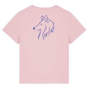 Blue outline illustration of the head of a Rough Collie on the back of a cotton pink ladies t-shirt