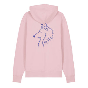 Blue outline illustration of the head of a Rough Collie on the back of a cotton pink unisex Hoodie