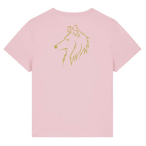 Gold outline illustration of the head of a Rough Collie on the back of a cotton pink ladies t-shirt