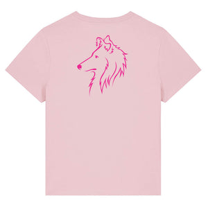 Magenta outline illustration of the head of a Rough Collie on the back of a cotton pink ladies t-shirt