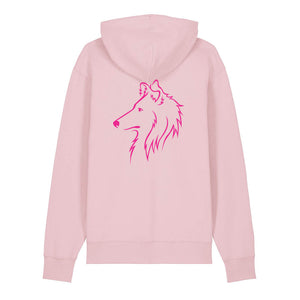 Magenta outline illustration of the head of a Rough Collie on the back of a cotton pink unisex Hoodie