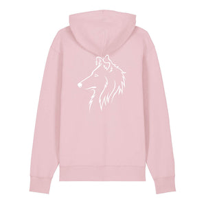 White outline illustration of the head of a Rough Collie on the back of a cotton pink unisex Hoodie