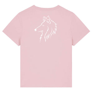 White outline illustration of the head of a Rough Collie on the back of a cotton pink ladies t-shirt