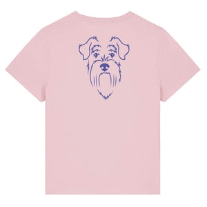 Blue outline illustration of the head of a Schnauzer on the back of a cotton pink ladies t-shirt