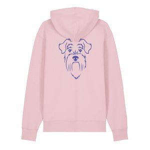 Blue outline illustration of the head of a Schnauzer on the back of a cotton pink unisex Hoodie