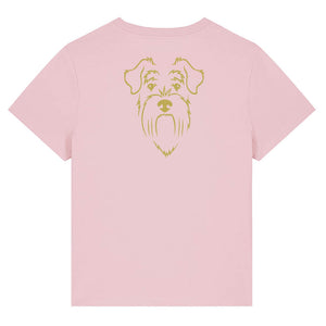 Gold outline illustration of the head of a Schnauzer on the back of a cotton pink ladies t-shirt