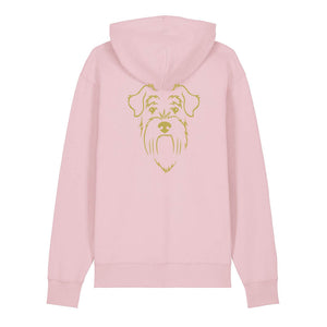 Gold outline illustration of the head of a Schnauzer on the back of a cotton pink unisex Hoodie