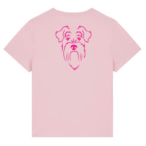 Magenta outline illustration of the head of a Schnauzer on the back of a cotton pink ladies t-shirt