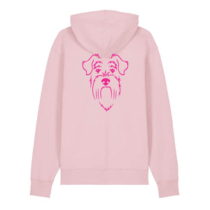 Magenta outline illustration of the head of a Schnauzer on the back of a cotton pink unisex Hoodie