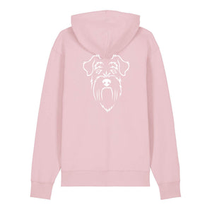 White outline illustration of the head of a Schnauzer on the back of a cotton pink unisex Hoodie