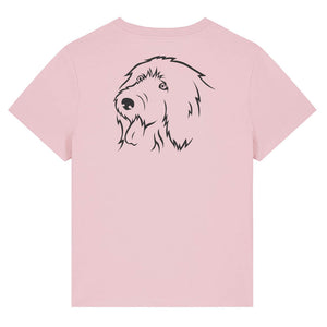 Black outline illustration of the head of an Old English Sheepdog on the back of a cotton pink ladies t-shirt