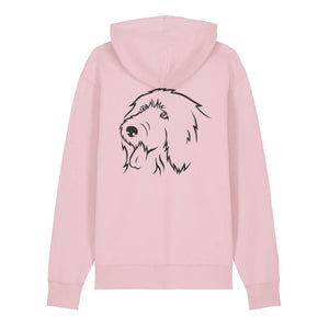Black outline illustration of the head of an Old English Sheepdog on the back of a cotton pink unisex Hoodie