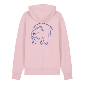 Blue outline illustration of the head of an Old English Sheepdog on the back of a cotton pink unisex Hoodie