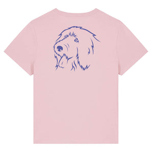 Blue outline illustration of the head of an Old English Sheepdog on the back of a cotton pink ladies t-shirt