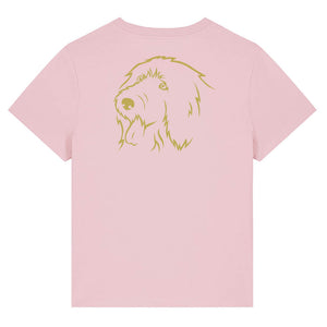 Gold outline illustration of the head of an Old English Sheepdog on the back of a cotton pink ladies t-shirt