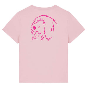 Magenta outline illustration of the head of an Old English Sheepdog on the back of a cotton pink ladies t-shirt