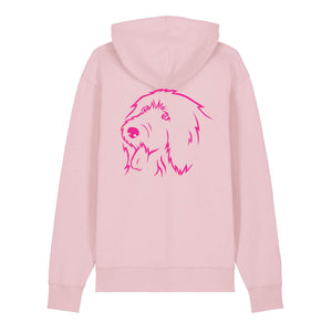 Magenta outline illustration of the head of an Old English Sheepdog on the back of a cotton pink unisex Hoodie