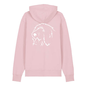 White outline illustration of the head of an Old English Sheepdog on the back of a cotton pink unisex Hoodie