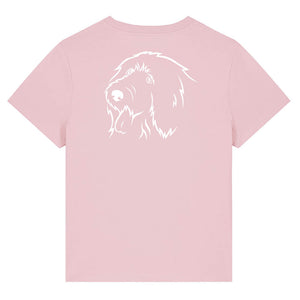 White outline illustration of the head of an Old English Sheepdog on the back of a cotton pink ladies t-shirt