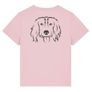 Black outline illustration of the head of a Spaniel on the back of a cotton pink ladies t-shirt