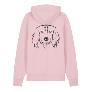 Black outline illustration of the head of a Spaniel on the back of a cotton pink unisex Hoodie