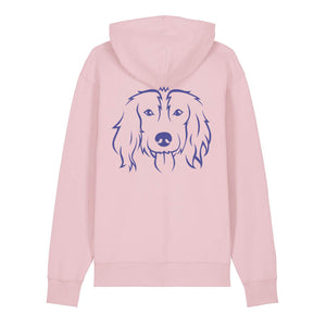 Blue outline illustration of the head of a Spaniel on the back of a cotton pink unisex Hoodie