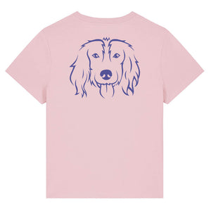 Blue outline illustration of the head of a Spaniel on the back of a cotton pink ladies t-shirt
