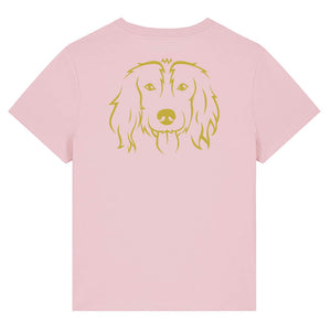 Gold outline illustration of the head of a Spaniel on the back of a cotton pink ladies t-shirt