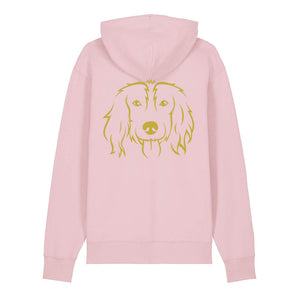 Gold outline illustration of the head of a Spaniel on the back of a cotton pink unisex Hoodie