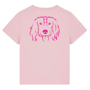 Magenta outline illustration of the head of a Spaniel on the back of a cotton pink ladies t-shirt